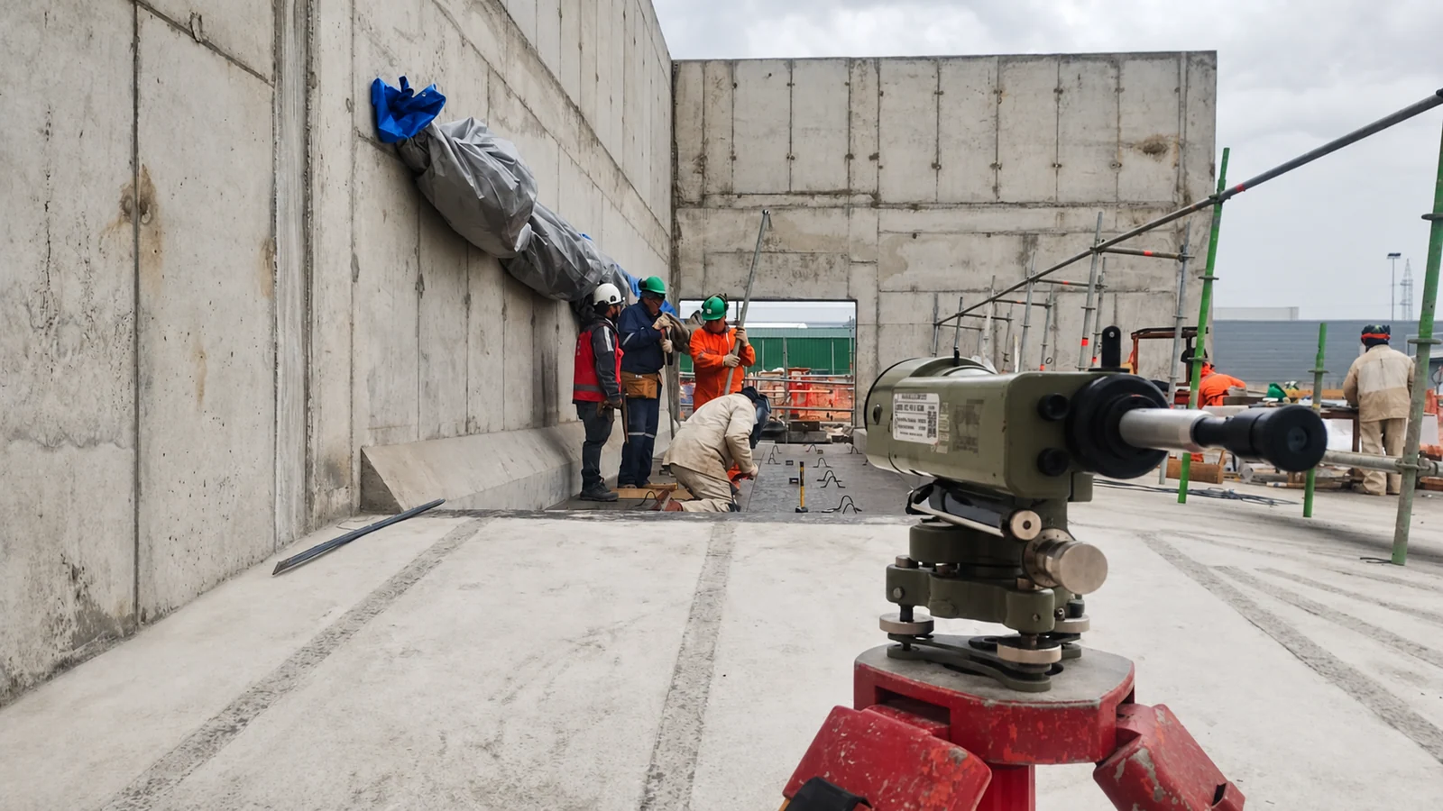 Instrumento topográfico y equipo realizando controles en una obra industrial